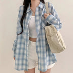 Blue Plaid Shirt For Women Loose Long Sleeve Jacket