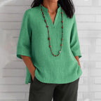 Summer Women's Clothing V-neck 34 Sleeves Cotton And Linen Loose Casual Shirt
