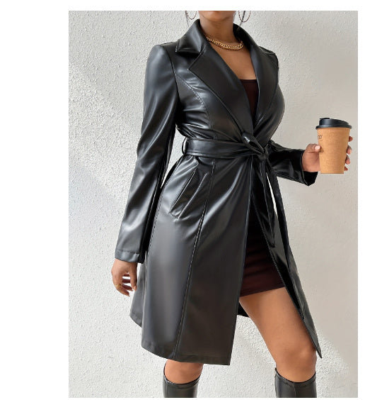 PU Long Sleeve Women's Slim Fit Long Trench Coat