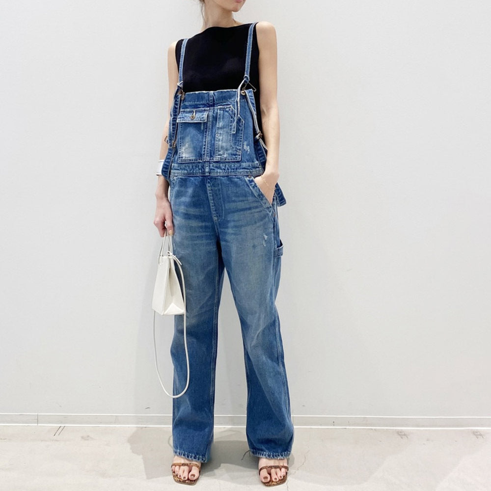 Fashion Casual Washed Classic Blue Suspender Loose Cargo Pants Denim Jumpsuit