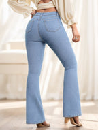 Women's Button Front Pocket Simple Design Casual Denim Long Pants