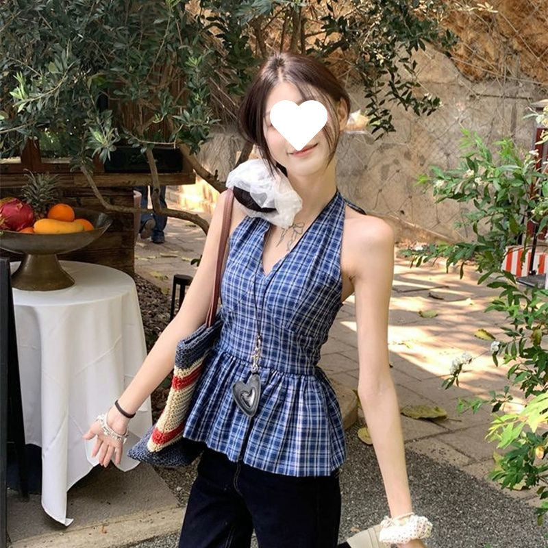 Retro Plaid V-neck Lace-up Halter Sleeveless Shirt