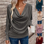 Women's V-neck Pile Collar Solid Color Knitted Long Sleeve Loose T-shirt