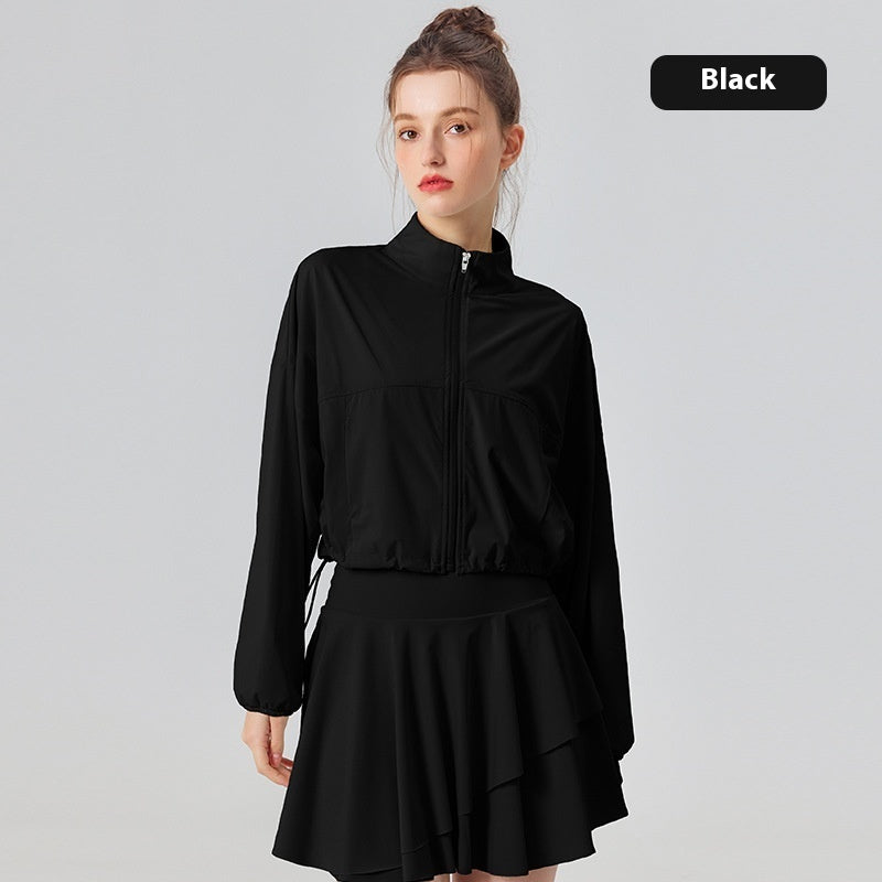 Stand Collar Pocket Cool UV-proof Women's Outdoor Sports Fitness Jacket Loose Breathable Casual Top