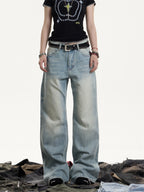 Retro Washed Distressed Jeans With Whiskers Female Hot Girl Loose