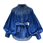 Retro Lace-up Waist-controlled Stand-up Collar Puff Sleeve Denim Top